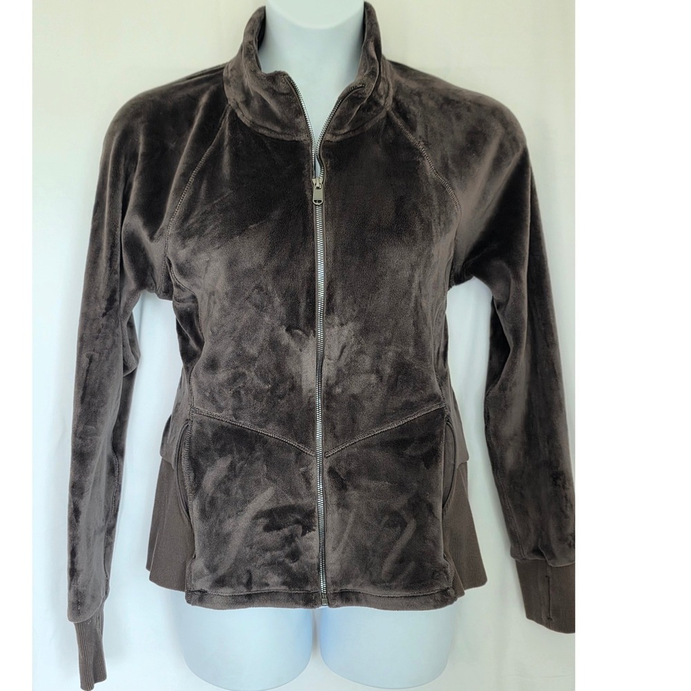 Athleta Cloud Fleece Jacket XL Full Zip Mock Neck Gray Brown Plush Velour Pocket